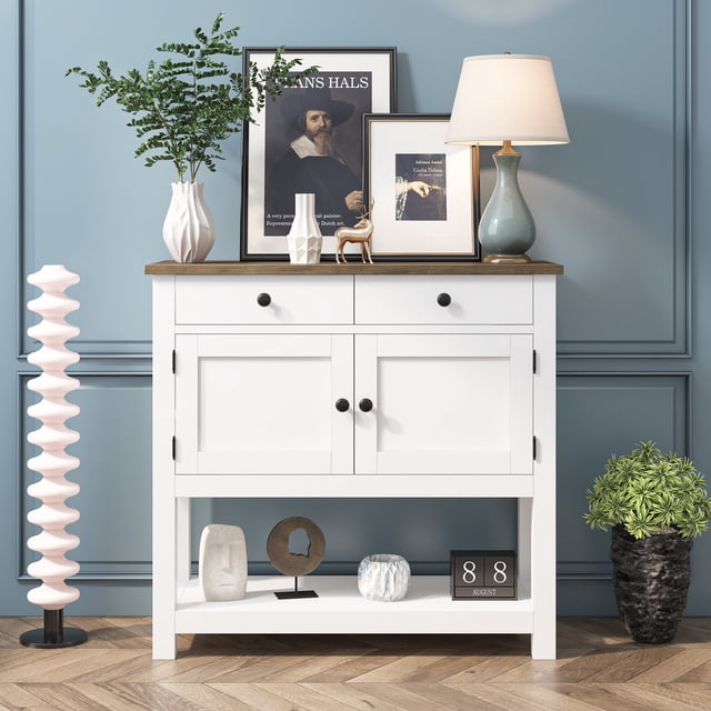 Homfa Table Console Style Ferme avec 2 Tiroirs et Portes, Table de Sofa avec Armoire de Rangement et Tablette Ouverte pour Salon et Entrée, Blanc et Brun Rustique