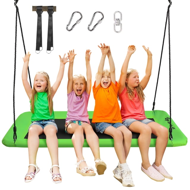 Goplus 700lb Giant 60'' Platform Tree Swing in green, featuring a durable oxford fabric and metal frame with a weight capacity of 700 lbs. The swing includes adjustable ropes (40'' to 71''), a spacious 60'' x 32'' platform, and soft foam-covered steel pipes for safety. Accessories such as two hanging straps, carabiners, and a swivel are shown. Suitable for kids and adults, ideal for outdoor and indoor use in backyards, patios, or gardens.