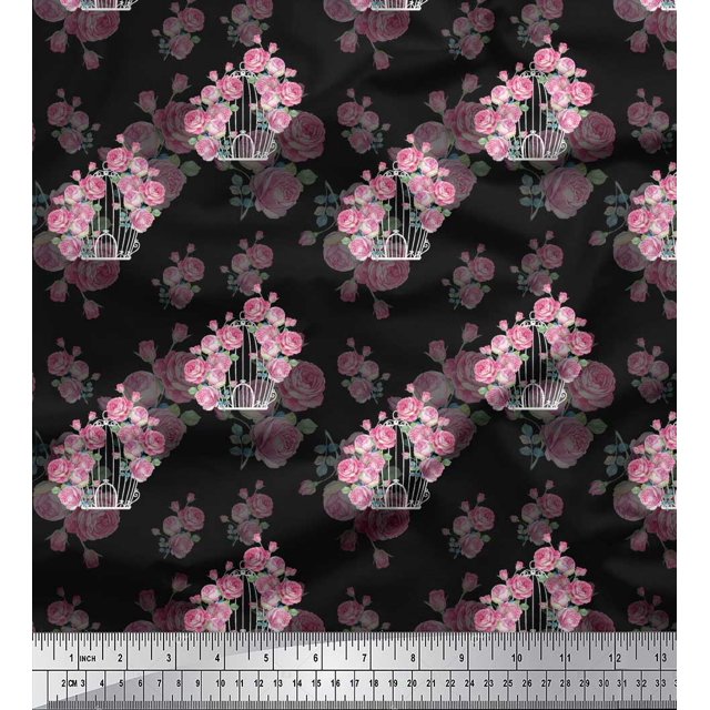 Soimoi Black polyester Crepe Fabric Cage & Roses Floral Decor Fabric Printed Yard 52 Inch Wide