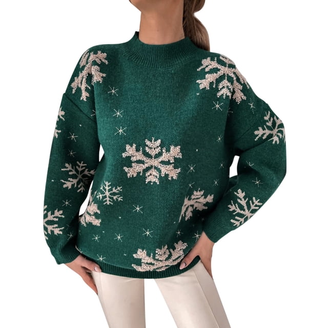 2025 Femmes Noël Flocon de Neige Tricoté Gilet de Chandail pour Femmes Sans Manches Col Roulé Chandail Manches Longues Col Rond Motif Gilet de Chandail Col Imprimé Chandail