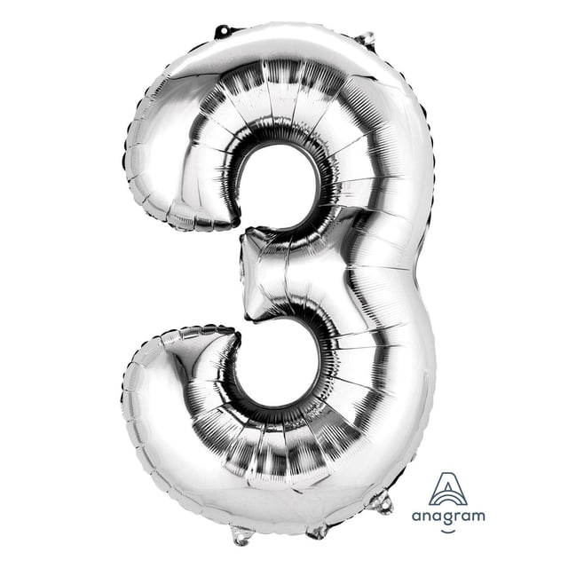 Anagram International Party Eh! Silver Large "3" Banner is a shiny silver foil balloon shaped as the number three, shown front-facing on a white background with the Anagram logo. Suitable for birthday party decorations, it inflates with helium to float or air to hang and works well as a photobooth prop.