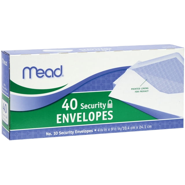 Mead Boxed Envelopes 4.125" x 9.5" 40-pack, No. 10 security envelopes with printed privacy lining, ideal for office supplies. The box features the Mead logo, green and white design, and dimensions in inches and centimeters.
