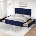 thumbnail image 3 of King Size Bed Frame with 4 Storage Drawers and Headboard, Velvet Upholstered Platform Bed Frame with Wooden Slats Support, Button Tufted Design, No Box Spring Needed, Blue, 3 of 9