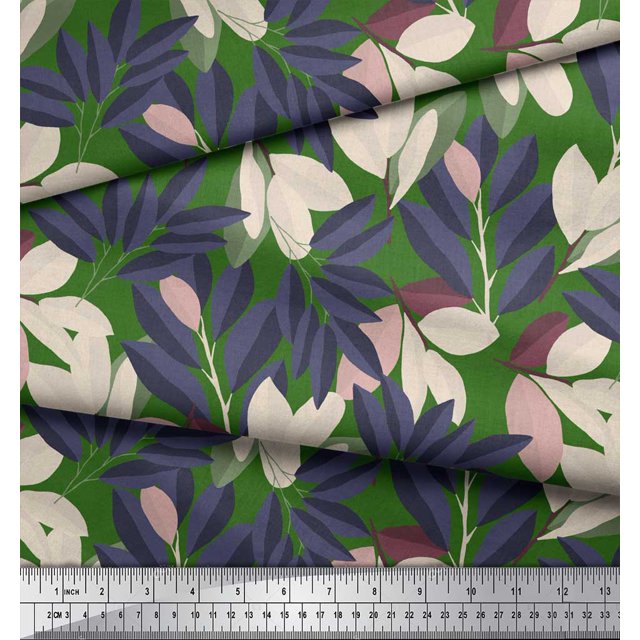 Soimoi Green Poly Georgette Fabric Laurel Leaves Print Fabric by the Yard 42 Inch Wide