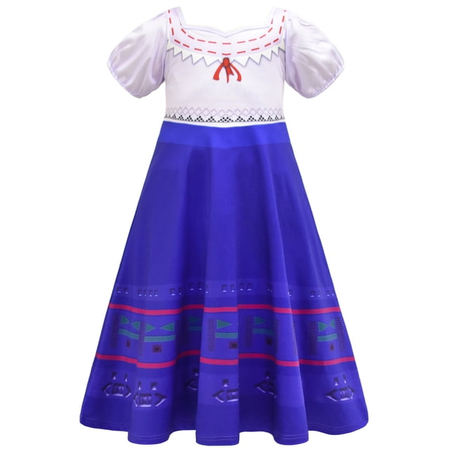 HAWEE Enfants Encanto Mirabel/Luisa Madrigal/Pepa Robe de Princesse Cosplay Filles Costume à Manches Courtes. la Robe Présente une Jupe midi Bleue Vibrante avec des Motifs Géométriques Près de l'Ourlet, un Haut Blanc à Manches Courtes avec des accents Rouges et Noirs, et une Encolure Ronde. Faite de polyester Doux avec une Bonne Élasticité, Elle Est Conçue pour le Confort et la Durabilité. Idéale pour le Cosplay, les Fêtes à Thème, l'Halloween Ou le Port Quotidien.
