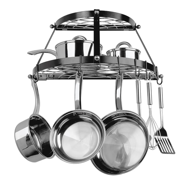 Range Kleen CW6002 Black Enameled Double Shelf Wall Mounted Pot Rack with two black enamel circular shelves holding stainless steel pots with lids on the top shelf and three hanging frying pans below, plus hanging kitchen utensils like a whisk and spatula, ideal for kitchen storage and organization to maximize wall space.
