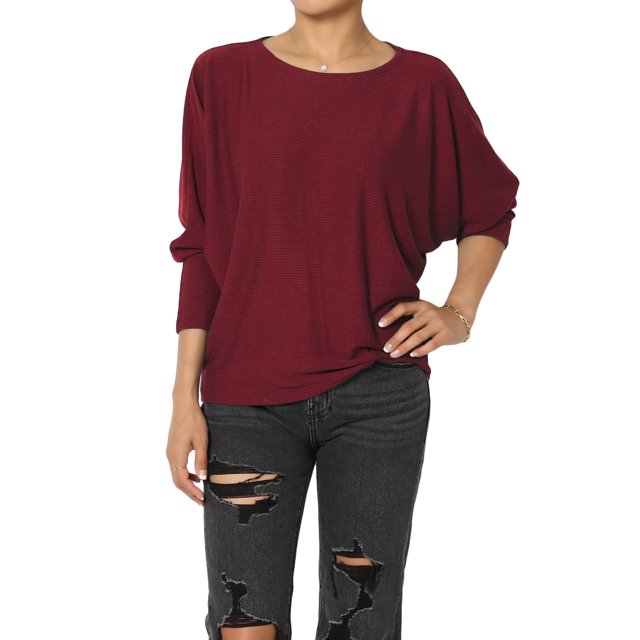 TheMoogan Women's PLUS Closet-Essential Drapey 3/4 Dolman Sleeve Boat Neck Relaxed Ribbed Top
