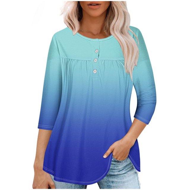 Pisexur Womens Plus Size Sweatshirt Gradients 3/4 Length Sleeve Tops Fall V-Neck Blouses Spring Ruffle Sleeve Tunic T-Shirts Dressy Casual