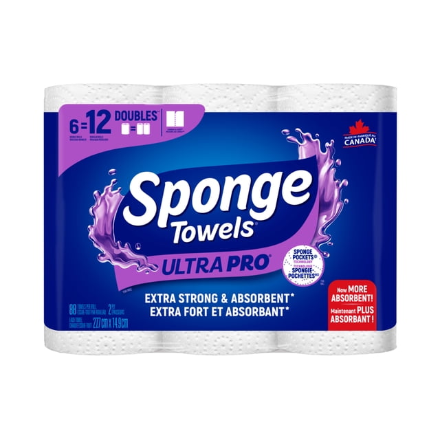 SpongeTowels UltraPro Extra Strong and Absorbent Paper Towels, 6 Double Rolls = 12 Regular, 88 Sheets Per Roll