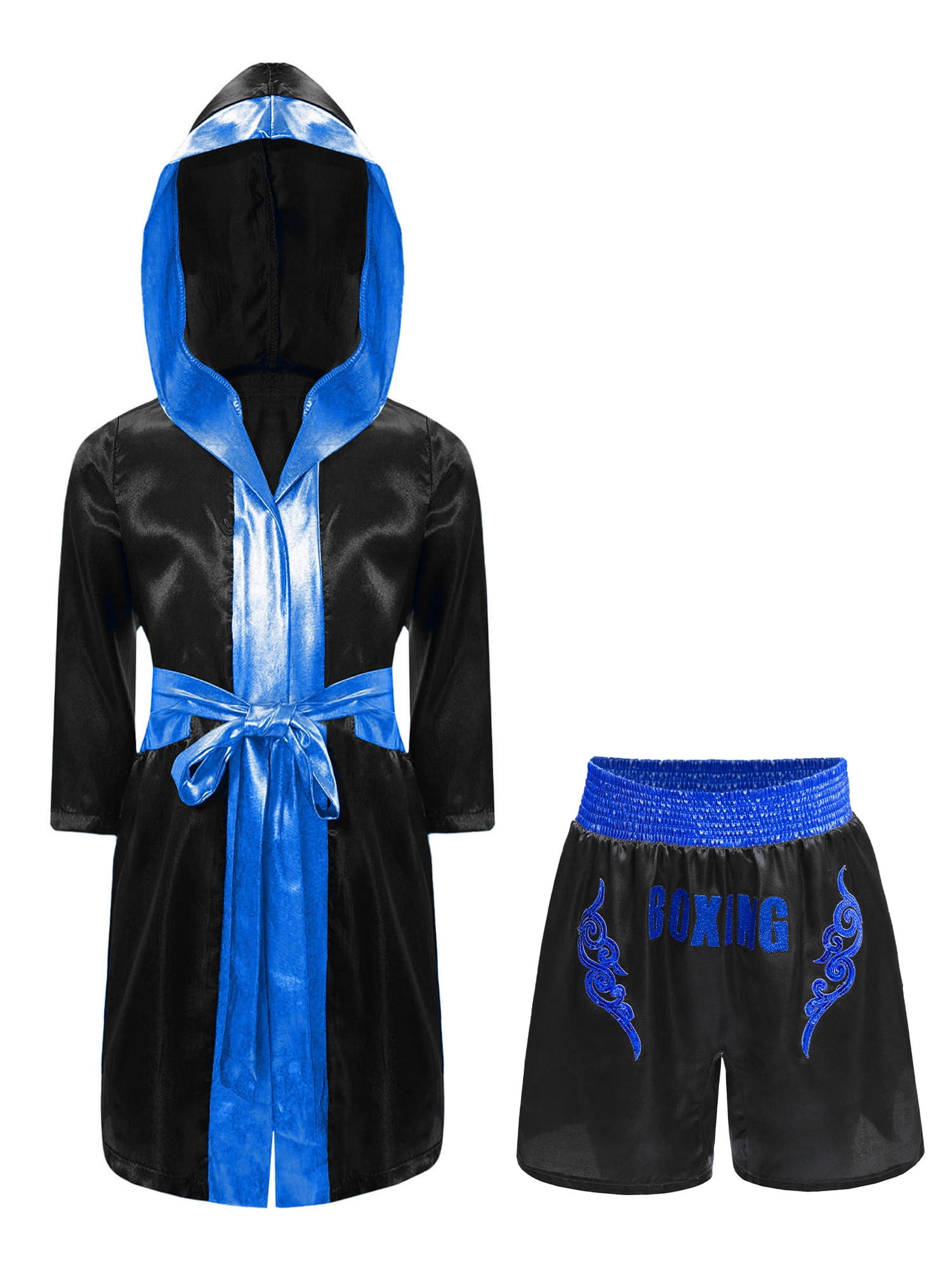 Zaldita Enfants Garçons Filles Costumes de Boxe Tenue de Boxeur Déguisement Tenue de Fête Ensemble 2 Pcs Peignoir de Kickboxeur et Ensembles de Shorts de Boxe Noir&Bleu 12