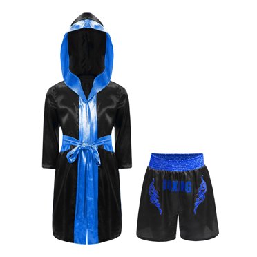 iefiel Costumes de Boxe pour Enfants Filles Garçons 2 Pcs Robe de Kickboxer et Shorts Mma pour Déguisement Fête d'Halloween Noir&Bleu 14