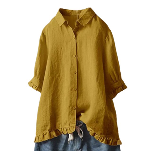 MAWCLOS Chemises pour Femmes Couleur Unie Blouse Boutonnée Tunique Ample à Volants Jaune S