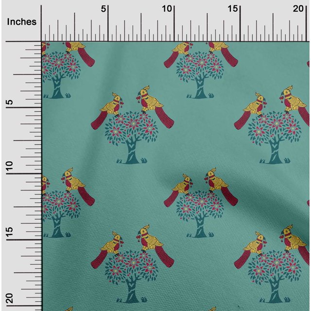 oneOone Silk Tabby Fabric Bird & Tree Block Printed Craft Fabric BTY 42 Inch Wide