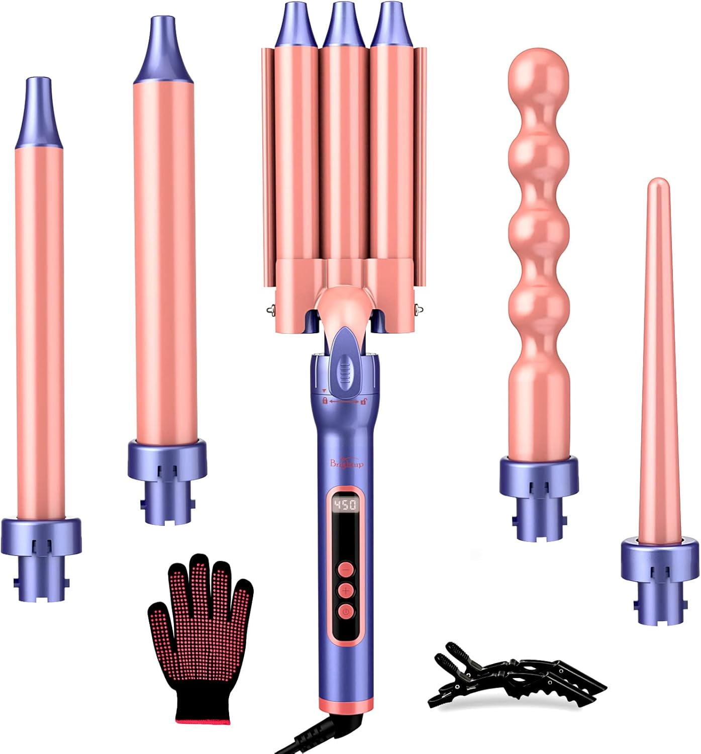 Curling Iron Wand Set 5 in 1 Hair Curler with 3 Barrel Crimper Fast Heat Up Dual Voltage Curling Wand for All Hair Types with LCD Display,Best Gifts for Women or Girl