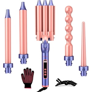 Ensemble de baguettes en fer de curling 5 en 1 Coiffeur avec 3 Barrel Crimper Chauffe rapide Double Voltage Curling Wand pour tous les types de cheveux avec LCD Affichage, Meilleurs cadeaux pour les femmes ou les filles