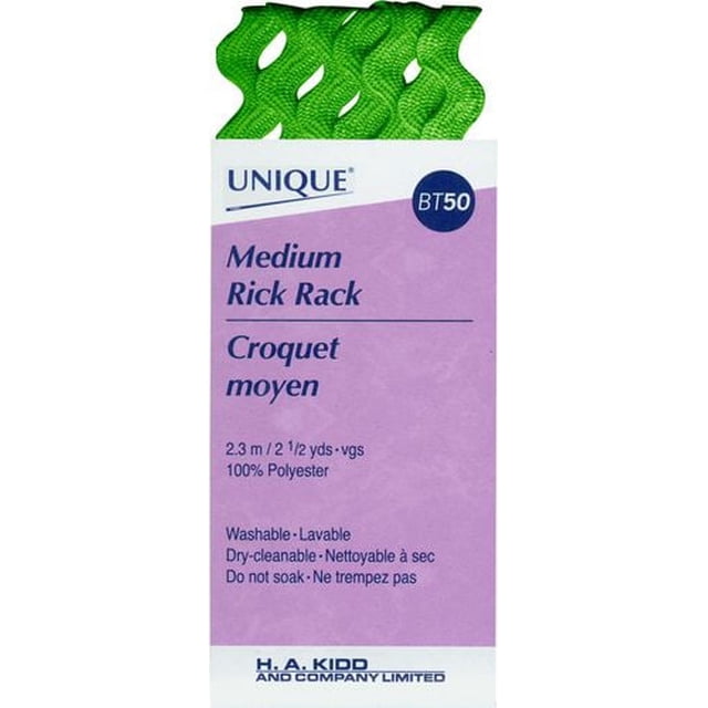 UNIQUE Étagère Moyenne, Bordure Décorative en polyester de 6 mm de Large par 2,3 m de long, Vert Vif avec Motif en zigzag, Lavable à la machine et Nettoyable à Sec, Idéale pour la Couture, l'Artisanat et l'Ornementation de Vêtements Ou de Déco Maison.