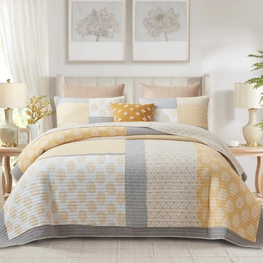 Finlonte Quilt Set King Size - 100% Cotton King Comforter Set, Patchwork Bedspread Reversible Lightweight Bedding, Yellow Grey White Floral Quilts for King Bed All Season, 3 Pieces