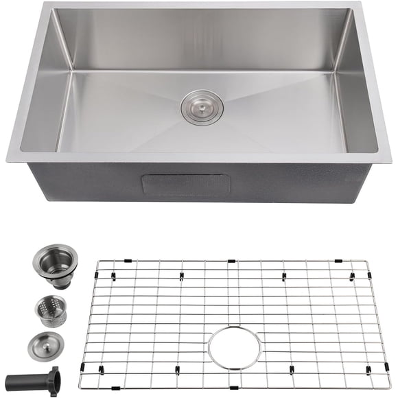 Évier en Acier Inoxydable 304 Fait à la Main avec sous-Structure Soudée, 27x18x9 Pouces Argent, Rebord de Bol 2.0 et Corps de Bol 1.0 R1.0, Grand Capacité Bol Simple en Continu avec Grille