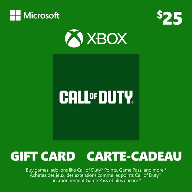 Carte-cadeau Xbox de 25 $ avec code Numérique et Image de Marque Call of Duty sur Fond Vert, Mettant en Vedette les logos Microsoft et Xbox, Convient pour Acheter des Jeux Xbox, des Modules Supplémentaires comme des Points Call of Duty, et des Cartes de Jeu pour consoles Xbox et PC Windows.