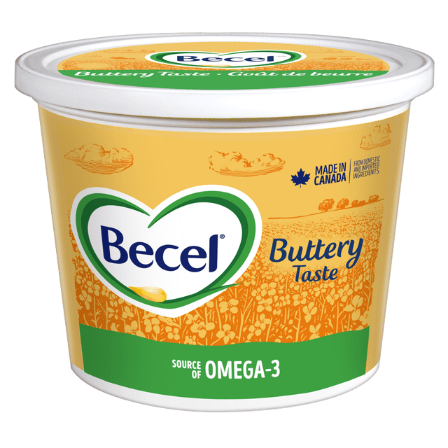 Becel Buttery Taste margarine tub with a yellow and green label featuring a heart-shaped logo, made in Canada from domestic and imported ingredients, a source of omega-3, low in saturated and trans fats, suitable for spreading, cooking, and baking as a 1:1 butter substitute.