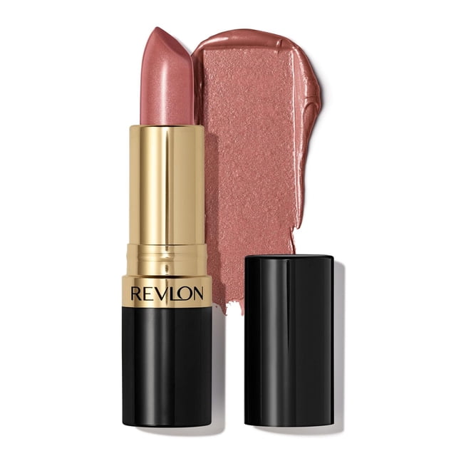 Revlon Super Lustrous Pearl Lipstick, Creamy Formula, 4.2g in a soft pink pearl shade with a black and gold tube, shown with a swatch of the lipstick colour on a white background. Formulated with 80% conditioning ingredients and microfine pigments for rich, lightweight colour and smooth application, suitable for creating soft, fuller-looking lips.