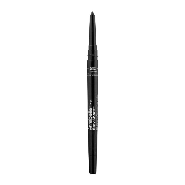 Annabelle Stay Sharp Self-Sharpening Kohl Eyeliner in black with twist-up tip extended, slim black barrel with white branding, featuring a twist-on cap sharpener for precise, smudge-proof, long-lasting application suitable for waterline and easy blending.