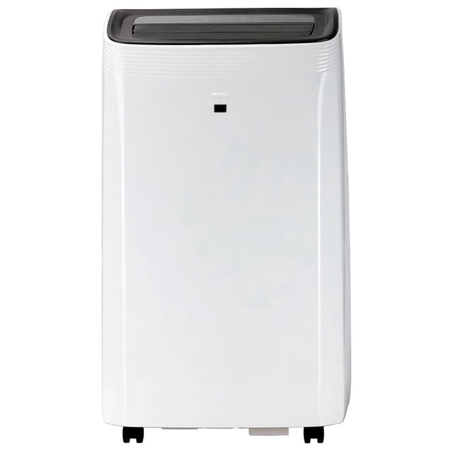TCL 14,000 BTU ASHRAE Smart Portable Air Conditioner with fan and dehumidifier, white with black top vent and caster wheels, front view showing digital controls, designed for rooms up to 450 sq. ft., compatible with Alexa and Google Assistant, ideal for cooling and moisture control.