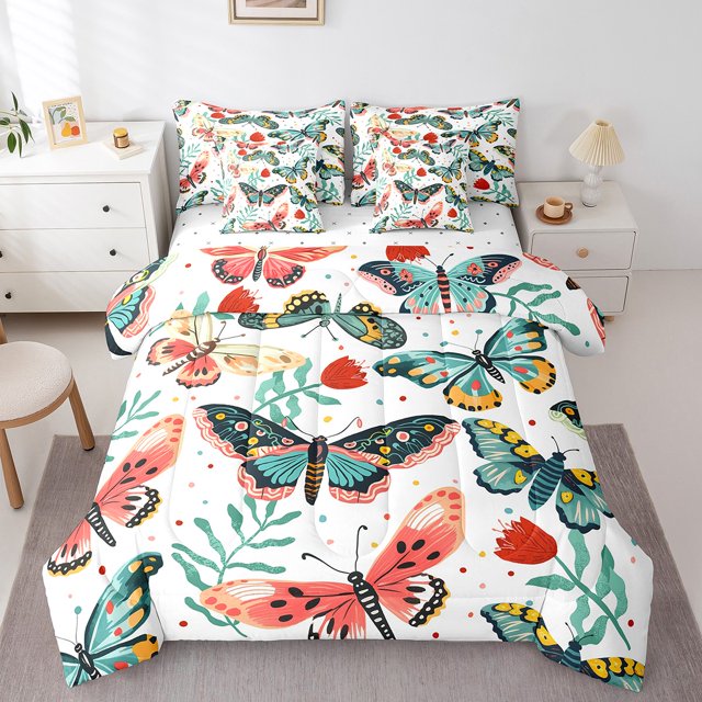 YST Butterfly Bedding Set Full 7 Pcs Colorful Moth Comforter Set With Sheet Set Garden Botanical Flower Bed In A Bag For Kids Girls Women Reversible Aesthetics Room Decor