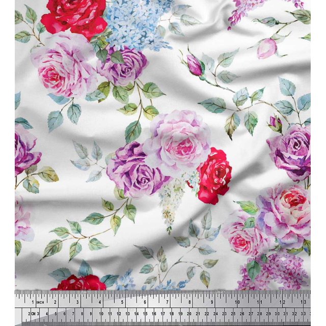 Soimoi Tissu en Viscose Chiffon Rose Imprimé Feuilles & Roses Tissu de Couture BTY 42 Pouces de Large