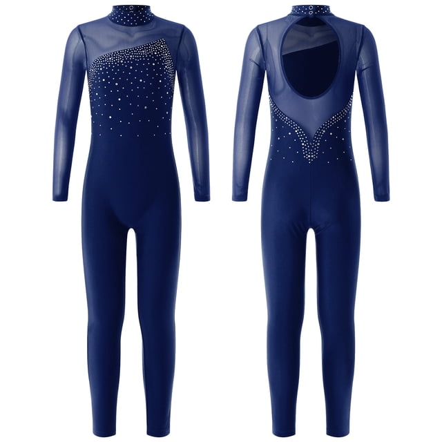 TiaoBug Girls Ice Skating Jumpsuit Rhinestone Mock Neck Competition Figure Skating Dancewear Navy Blue 8