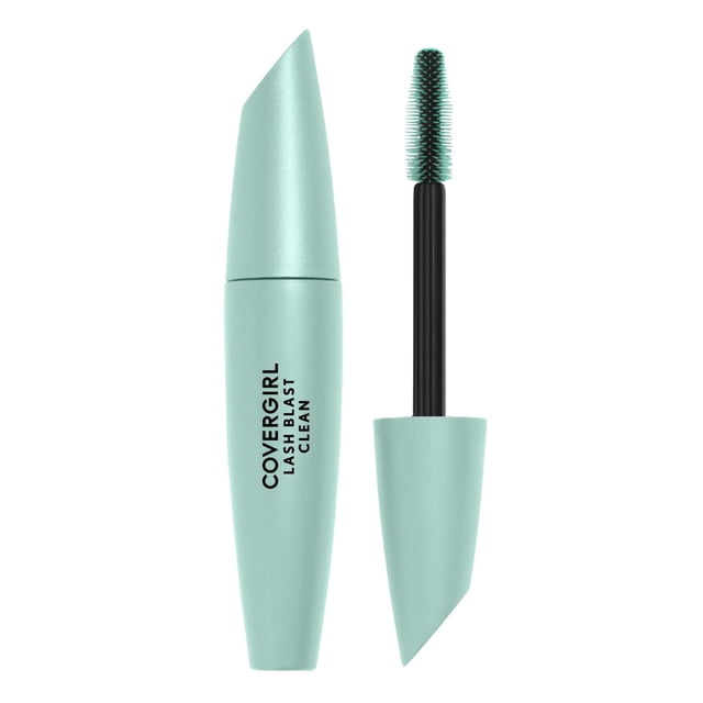 COVERGIRL Lash Blast Clean Mascara in a matte light teal tube with black text, shown with the wand applicator removed and bristles coated in mascara, designed for volumizing and defining lashes with a clean, vegan formula free of parabens, sulfates, and mineral oil, offering smudge-proof, long-lasting wear.