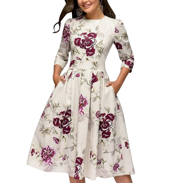 Robe d'Été Vintage pour Femme, Ligne A, Élégante, Imprimé Floral, Taille Haute, Manches Longues, Robe Soleil, Col Rond, Soirée, Grande Taille