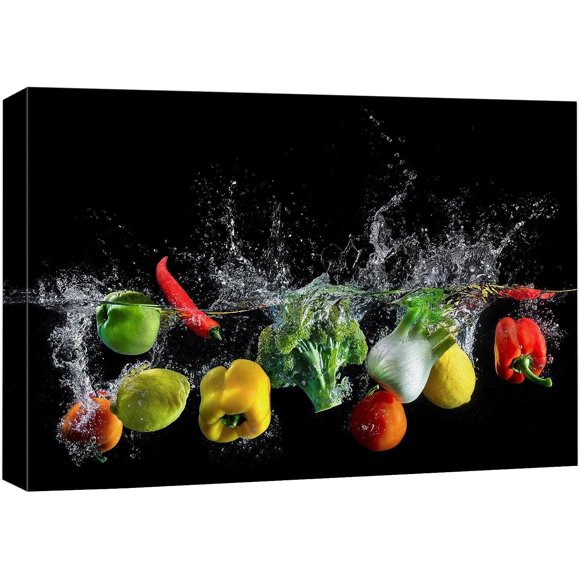 Impression sur Toile Art Mural Éclaboussures d'Eau Légumes Cuisine et Cuisson Photographie Alimentaire Art Moderne Réalisme Décoratif Pittoresque Coloré Relaxant/douillet/zen pour Salon, Chambre, Bureau - 12"x18 Pouces