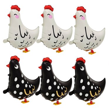 6 Pcs Ballons Poule Blancs et Noirs Qui Marchent, Ballons Poule Qui Marchent Animaux de Compagnie Décorations de Fête d'Anniversaire de Ferme Fournitures Décorations de Fête BBQ Fournitures pour Shower de Bébé