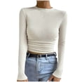 thumbnail image 1 of Penkiiy Womens Fall Long Sleeve Stretch Slim Round Neck Ribbed Basic Shirts M Beige, 1 of 9