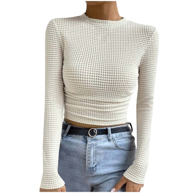 Penkiiy Womens Fall Long Sleeve Stretch Slim Round Neck Ribbed Basic Shirts M Beige