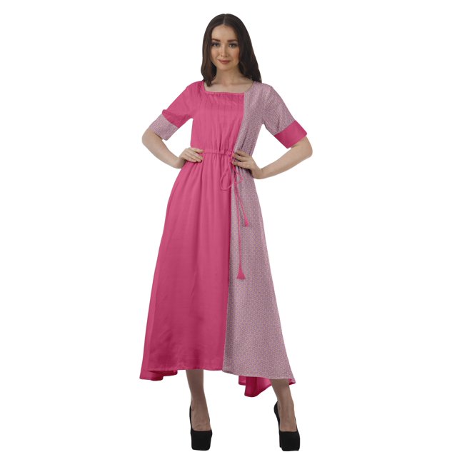 Moomaya Robe à Encolure Dégagée à Manches Courtes Imprimée avec Cordon à la Taille pour Femmes