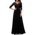 thumbnail image 2 of Faithtur Nouvelle Mode Femmes Longue Robe Couleur Unie Patchwork Dentelle V-Cou à Manches Mi Dos Sans Fermeture Éclair Robe de Femme, 2 of 5