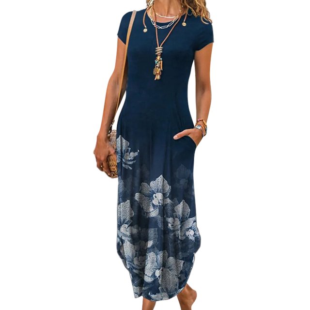 MAWCLOS Robes Maxi pour Femmes Robe Longue à Imprimé Floral Manches Courtes Été Plage Robe d'Été Caftan Vacances Col Rond Bleu Marine P