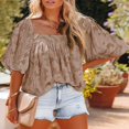 thumbnail image 3 of Blouse à Manches Cloche pour Femmes Col Rond Hauts en Dentelle Chemises Babydoll Texturées Florales, 3 of 4