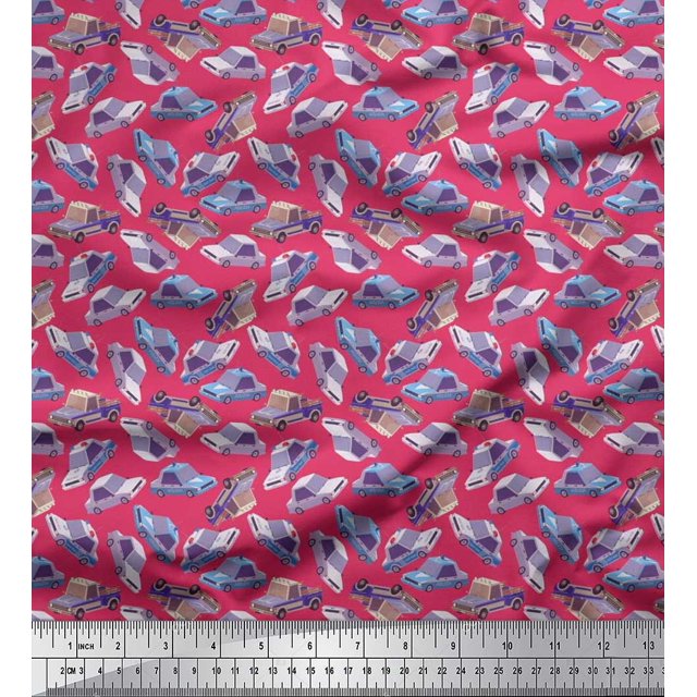 Soimoi Polyester Crepe Fabric Car Transport Print Fabric by The Yard 42 Inch Wide