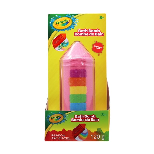 Crayola Rainbow Bath Bomb en Forme de Craie de Cire avec des Couches aux Couleurs de l'Arc-en-ciel de Violet, orange, Jaune, Vert et Bleu sur une base Rose, dans un Emballage Jaune et Vert pour 3+, 120 g, Parfum Fraise, Idéal pour Ajouter du Plaisir Coloré à l'Heure du Bain des Enfants.