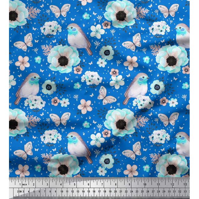 Soimoi Polyester Crepe Fabric Robin,Butterfly & Anemone Floral Decor Fabric Printed Yard 52 Inch Wide