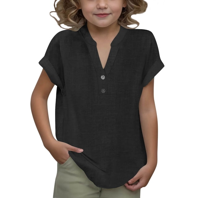 DecSea Linen Shirts for Kids 2025 Summer Button Down V Neck Short Sleeve Tops Casual Solid Blouses