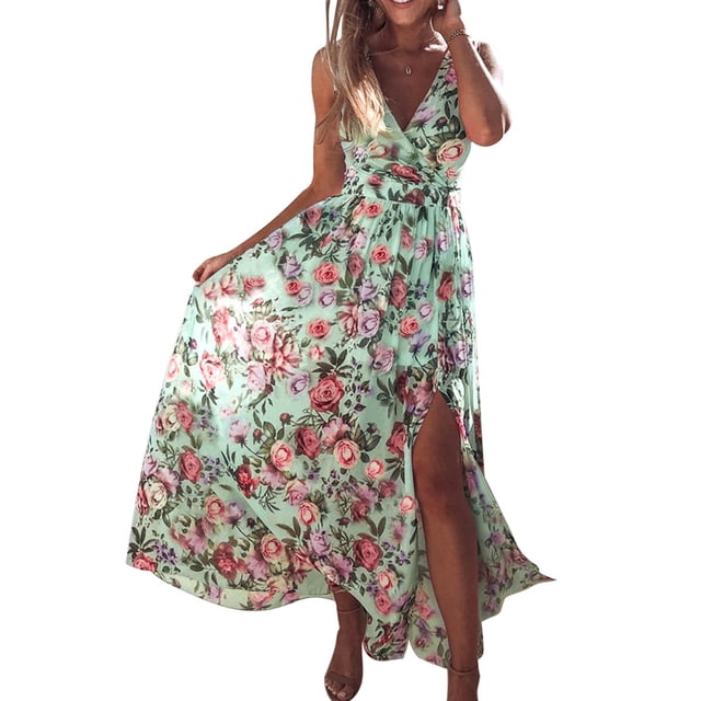 HAWEE Robe Décontractée à Col en V pour Femme, Été, Dos Nu, Imprimé Floral, Sans Manches, Robe Maxi pour Plage et Fête