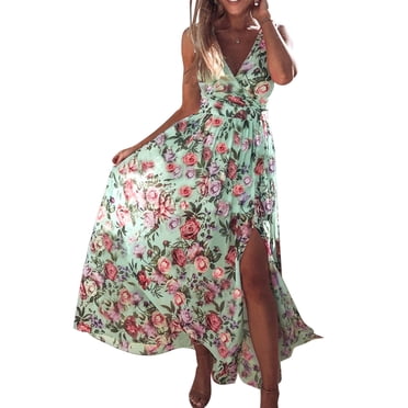 HAWEE Robe Décontractée à Col en V pour Femme, Été, Dos Nu, Imprimé Floral, Sans Manches, Robe Maxi pour Plage et Fête