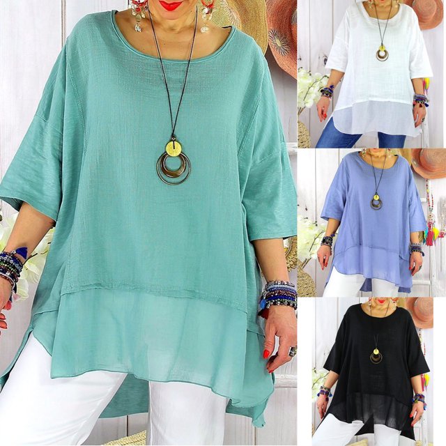 Jovati T-Shirt à Manches Courtes à Col Rond pour Femmes, Mélange Coton-Lin, Haut Décontracté Respirant à Imprimé, Coupe Ample, Longueur Régulière, Style à Enfiler