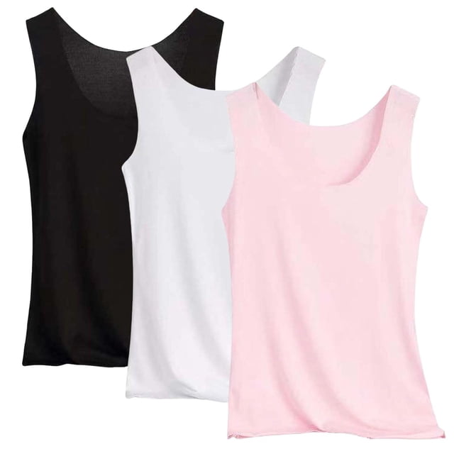 Posijego Lot de 3 Débardeurs pour Femmes Col Rond Camisoles Basiques Couches Débardeurs Sans Manches. l'Image Affiche Trois Débardeurs en Noir, Blanc et Rose, Chacun avec un Col Rond et un design Sans Manches. Fabriqués en Tissu polyester Doux et Respirant, Ces Hauts Sont Parfaits pour Superposer Ou Porter Seul. Ils Conviennent aux occasions Décontractées, au Travail Ou au gym et s'Agencent Bien avec des jeans, des leggings Ou des Jupes pour un Style Polyvalent.