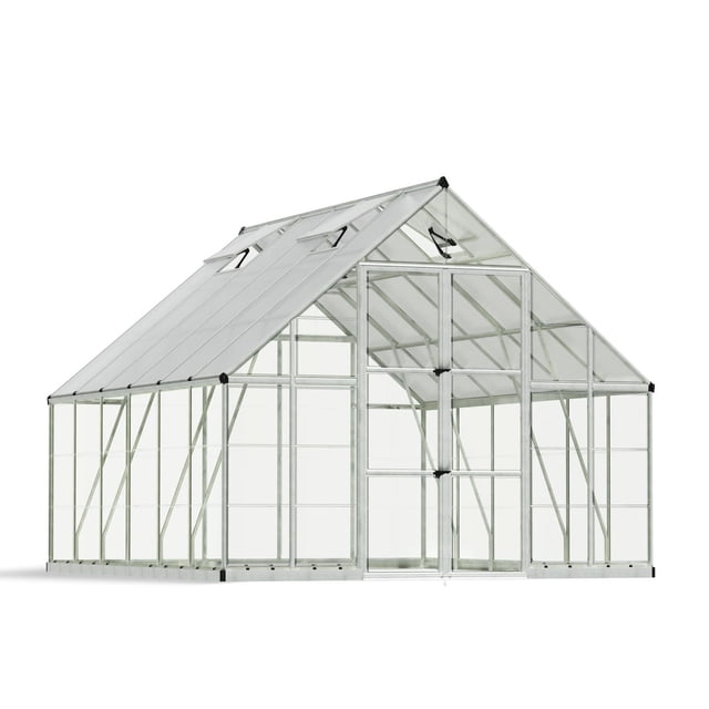 CANOPIA by PALRAM Balance 10 ft. x 12 ft. Greenhouse Kit - Silver featuring a rust-resistant powder-coated aluminum frame, UV-protected polycarbonate twin-wall roof panels, clear wall panels, wide double doors with metal hinges, roof vents, and internal support beams for durable, spacious gardening.