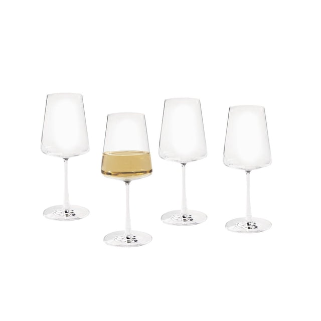 Better Homes & Gardens Clear Flared White Wine Glass with Stem, 4 pack, featuring four clear soda-lime glass wine glasses with flared bowls and long stems to keep chilled white wine cool. One glass is filled with white wine. Each holds 13 ounces and is suitable for serving white wines like chardonnay or pinot grigio and cold beverages at dinner parties.